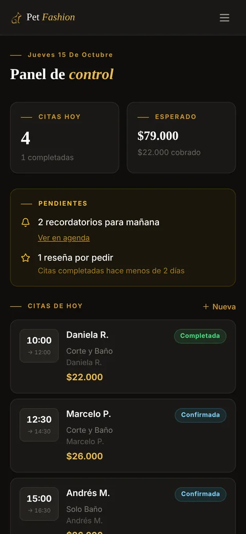 Pet Fashion Gestión en un celular: citas del día con datos de ejemplo